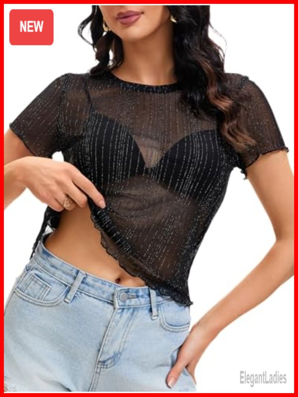 Sheer Mesh Glitter Short Sleeve Crew Neck See Through Top